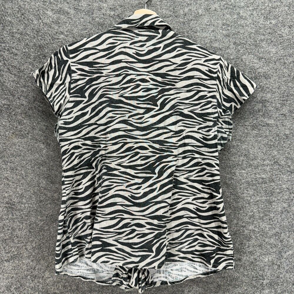 DFA Shirt Women L Large Black Animal Print Button Up Collared Short Sleeve Linen - Picture 2 of 6